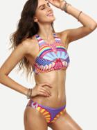 Romwe Multicolor Geometric Print Racerback Bikini Set