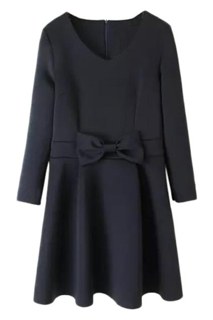 Romwe Bowknot Embellished Navy Blue Dress