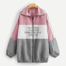 Romwe Plus Letter Print Color-block Windbreaker Jacket