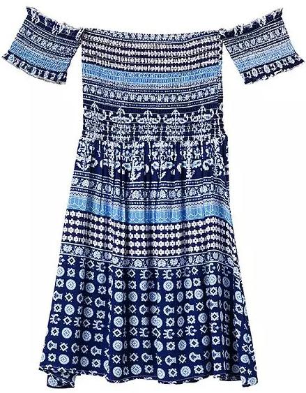 Romwe Off The Shoulder Vintage Print Pleated Blue Dress