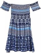 Romwe Off The Shoulder Vintage Print Pleated Blue Dress