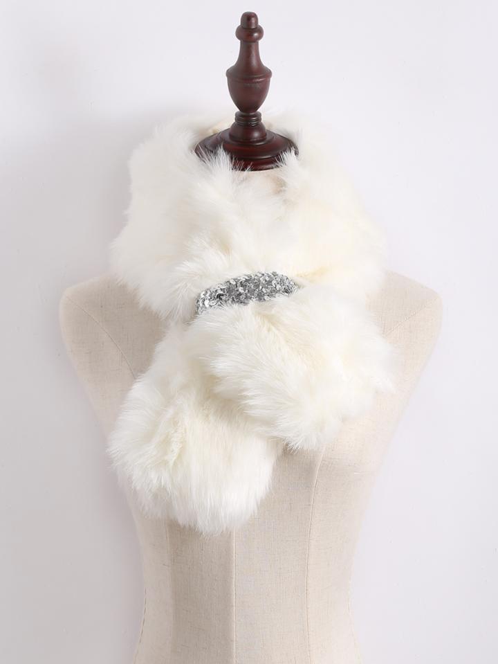 Romwe Silver Sequin Tie-up White Faux Fur Stole