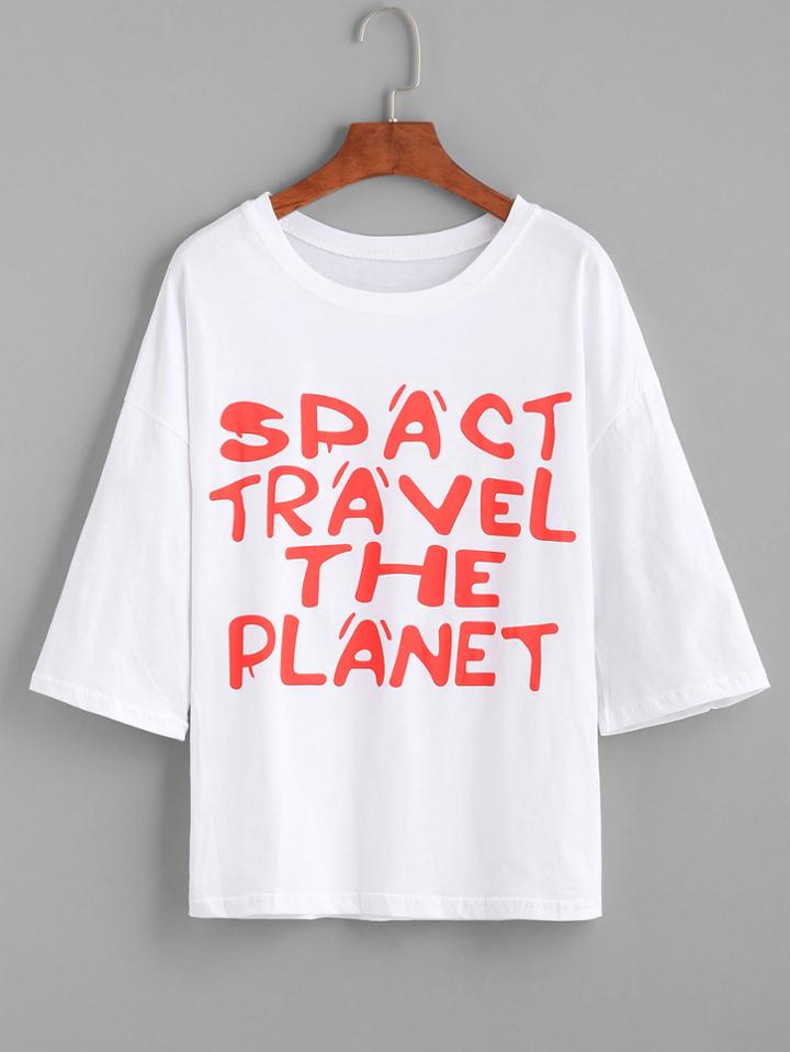 Romwe White Slogan Print Drop Shoulder T-shirt