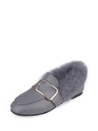 Romwe Buckle Front Pu Flats With Faux Fur