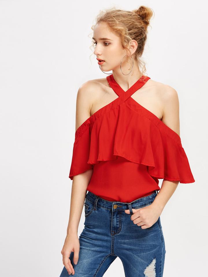 Romwe Flounce Layered Chiffon Top