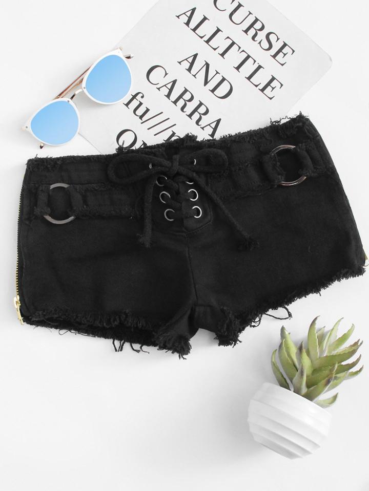 Romwe Lace Up Raw Hem Denim Shorts