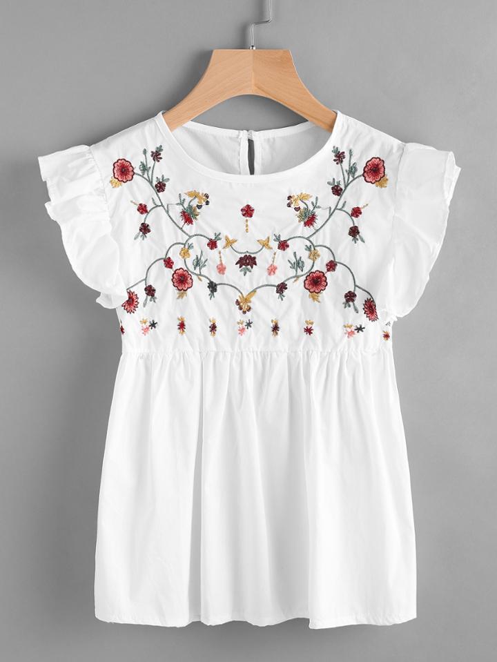 Romwe Embroidered Frill Trim Keyhole Back Smock Top