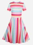 Romwe Rainbow Stripe Fit & Flare Dress