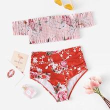 Romwe Off The Shoulder Shirred Random Pattern Bikini Set