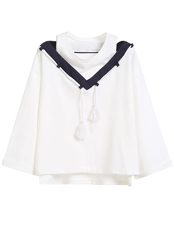 Romwe White Contrast Open Shoulder Lace Up Fringe T-shirt