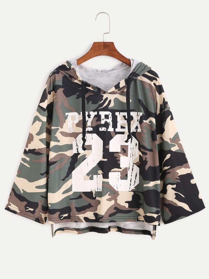 Romwe Hooded Camo Print Dip Hem T-shirt