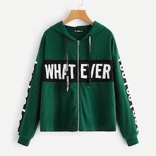 Romwe Zip Up Hooded Letter Print Sweatshirt