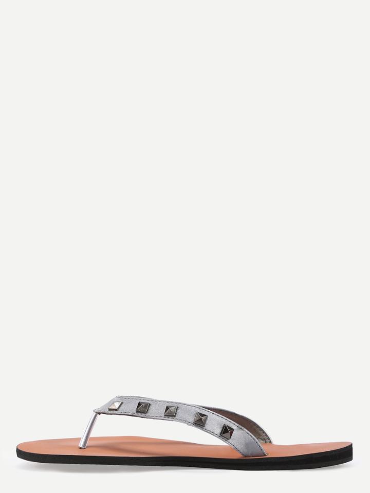 Romwe Grey Studs Pu Flip Flops