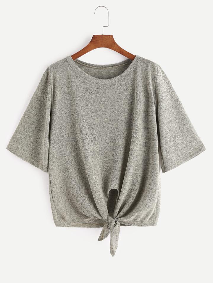 Romwe Heather Grey Elbow Sleeve Knot Hem T-shirt