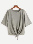 Romwe Heather Grey Elbow Sleeve Knot Hem T-shirt
