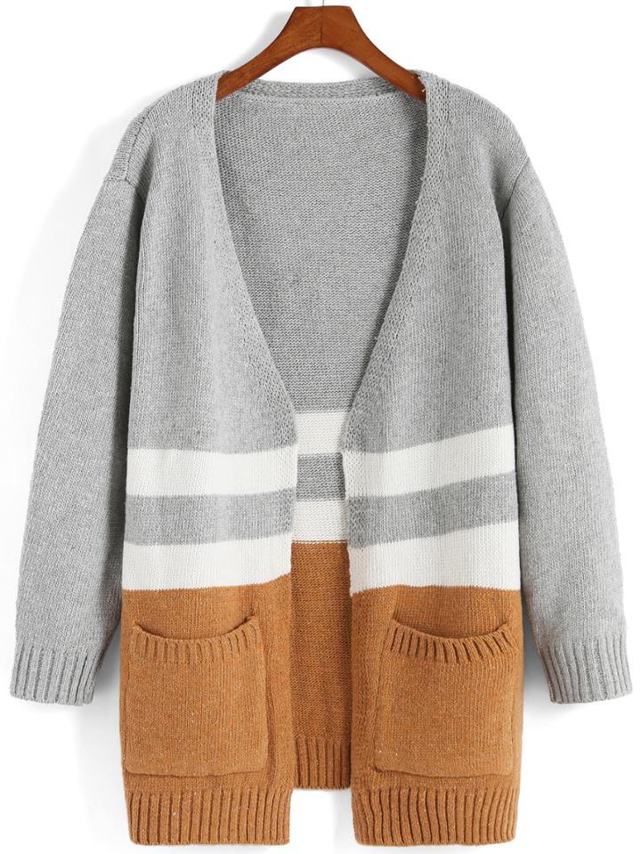 Romwe Color-block Striped Pockets Coat