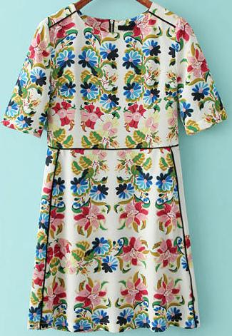 Romwe Multicolor Short Sleeve Zipper Floral Dress