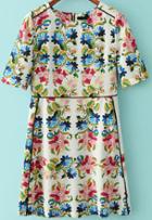 Romwe Multicolor Short Sleeve Zipper Floral Dress