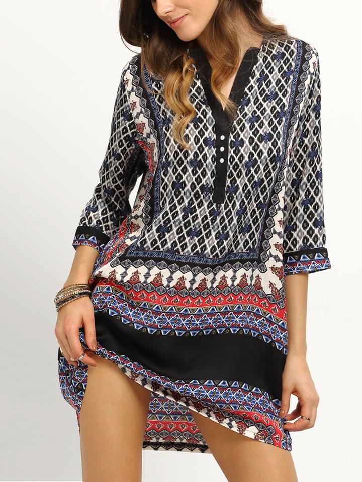Romwe Tribal Print Buttoned Front Tunic Dress