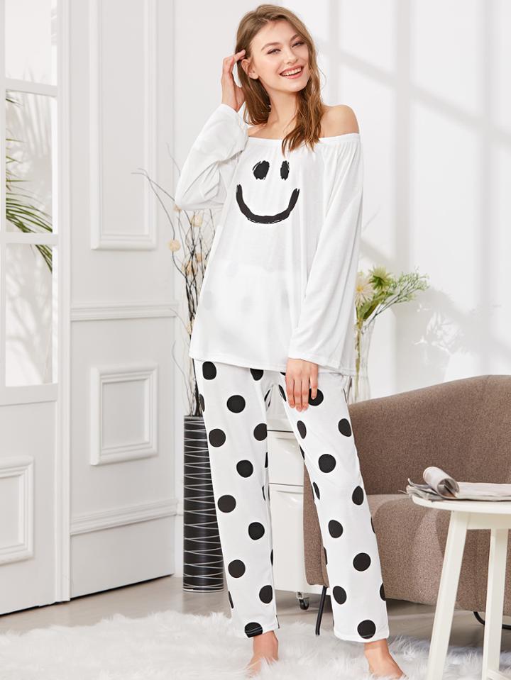 Romwe Off The Shoulder Top & Polka Dot Pants Pj Set