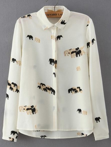 Romwe Beige Lapel Long Sleeve Elephant Print Blouse