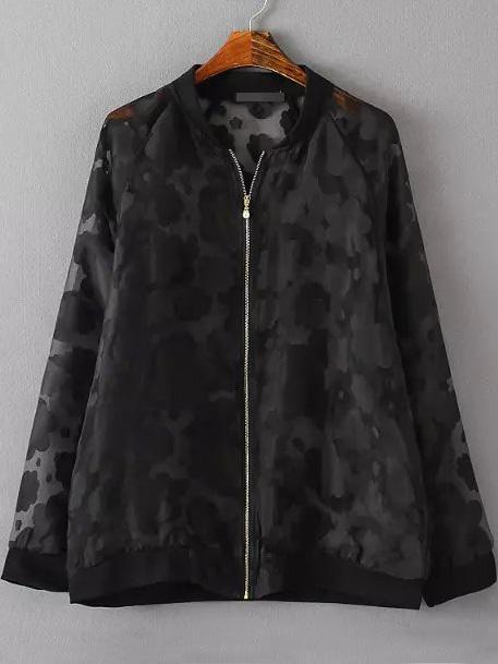 Romwe Contrast Collar Floral Print Organza Black Coat