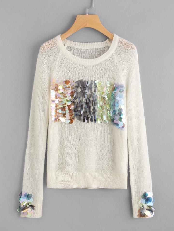 Romwe Sequin Detail Raglan Sleeve Paper Thin Sweater