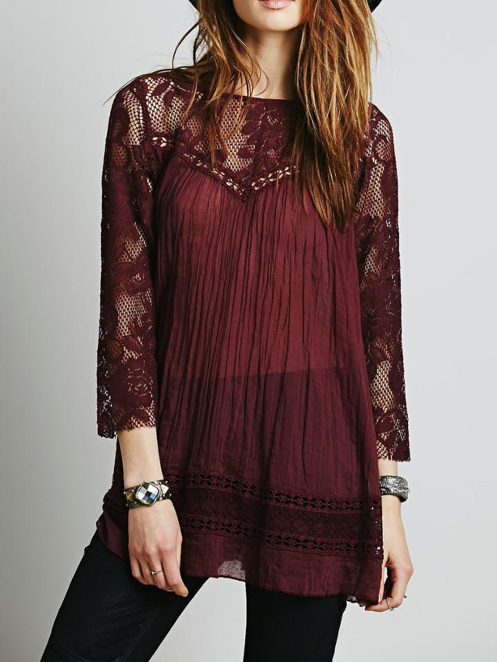 Romwe Lace Insert Hollow Maroon Blouse