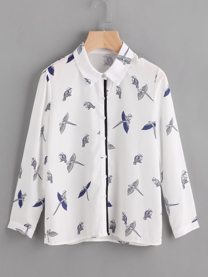 Romwe Birdie Print Tunic Blouse