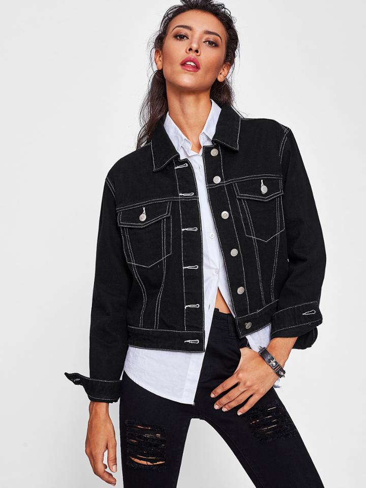 Romwe Contrast Topstitch Denim Jacket