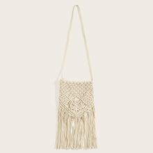 Romwe Fringe Hem Crochet Crossbody Bag