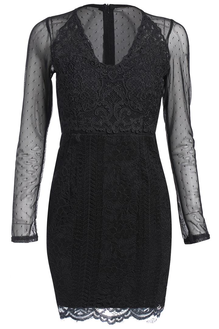 Romwe V Neck Sheer Mesh Lace Black Dress