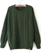 Romwe Cable Knit Zip Embellished Green Sweater