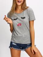 Romwe Grey Short Sleeve Cartoon Pattern Casual T-shirt