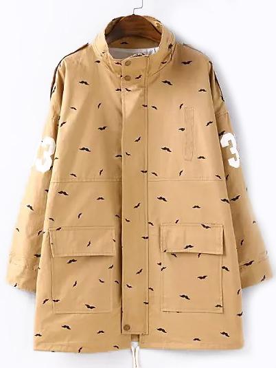 Romwe Stand Collar Moustache Print Khaki Coat