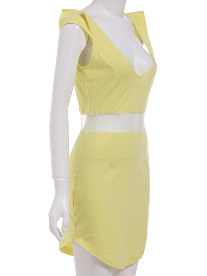 Romwe Yellow Lemons Deep Plunge Neck Waist Mesh Bodycon Dress
