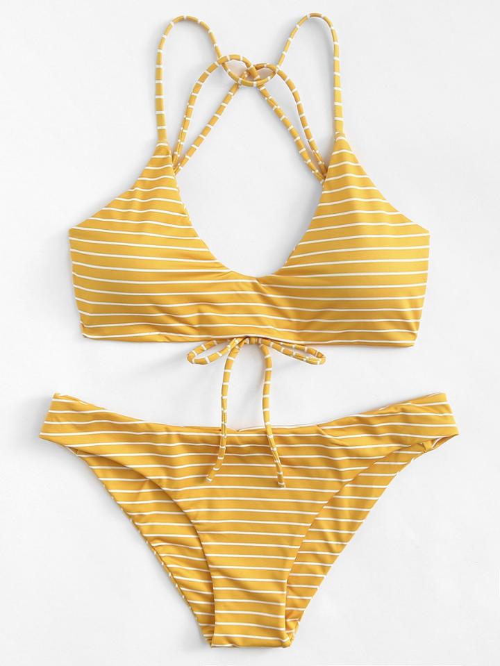 Romwe Striped Strappy Bikini Set