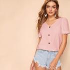 Romwe Button Up Cuffed Puff Sleeve Blouse