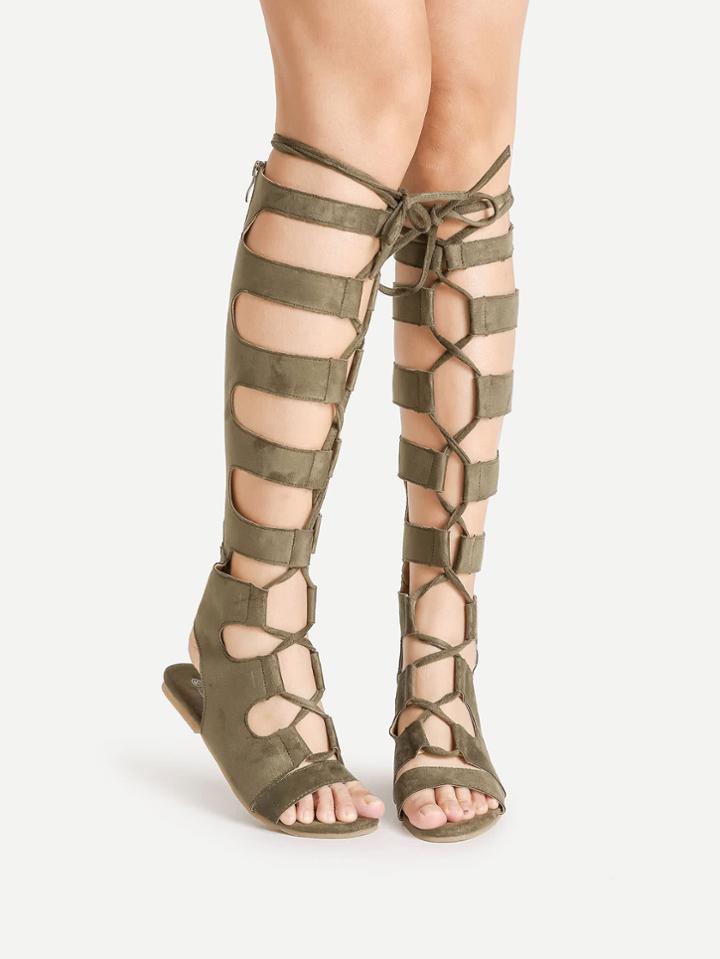 Romwe Knee High Lace Up Gladiator Sandals