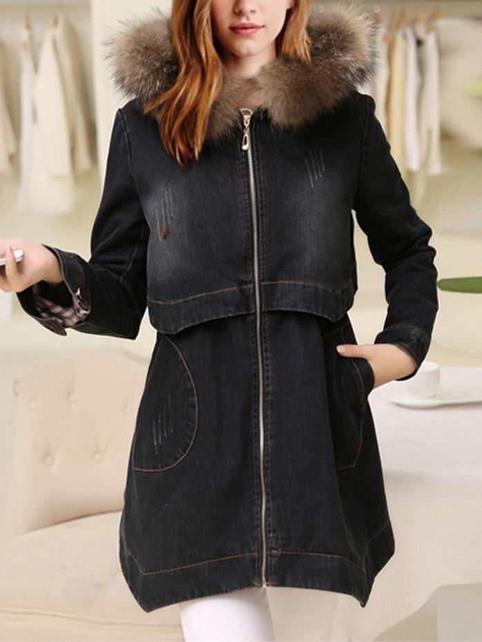Romwe Hooded Faux Fur Scratch Denim Frock Black Coat