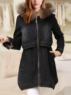 Romwe Hooded Faux Fur Scratch Denim Frock Black Coat