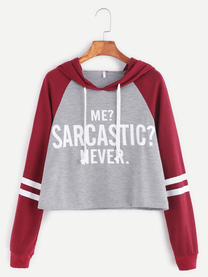 Romwe Contrast Raglan Sleeve Hooded Slogan Print Crop Sweatshirt