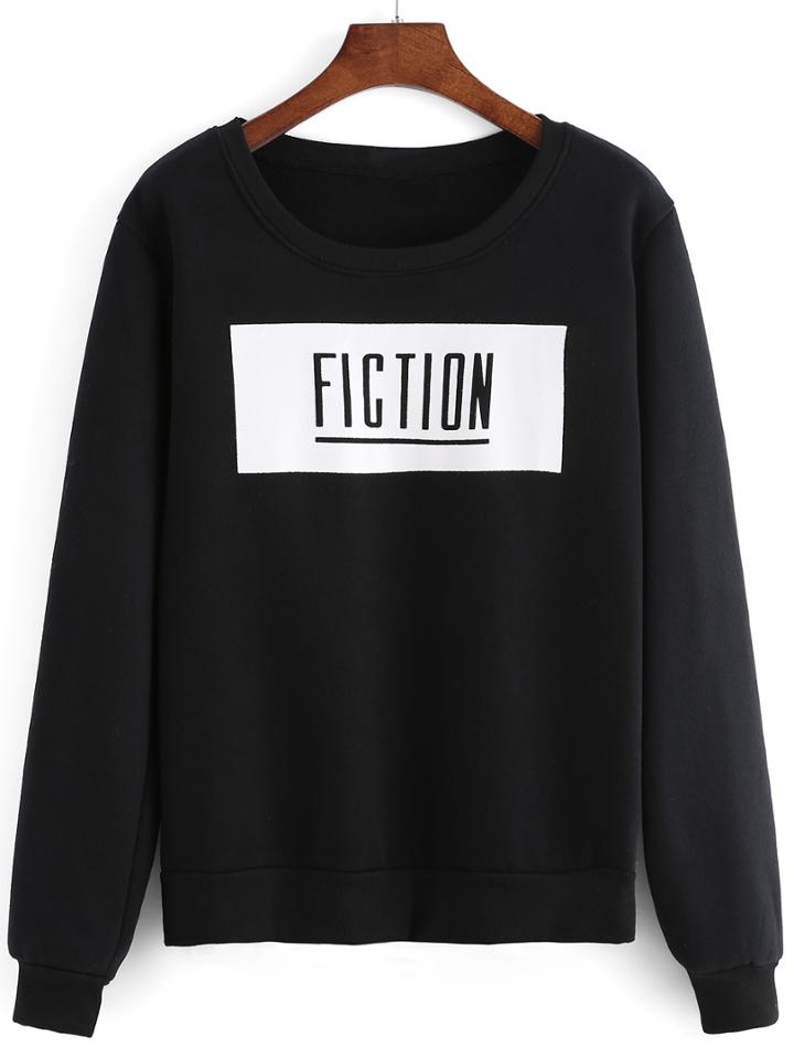 Romwe Women Letter Print Black Sweatshirt