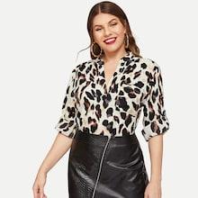 Romwe Plus Dip Hem Leopard Print Blouse