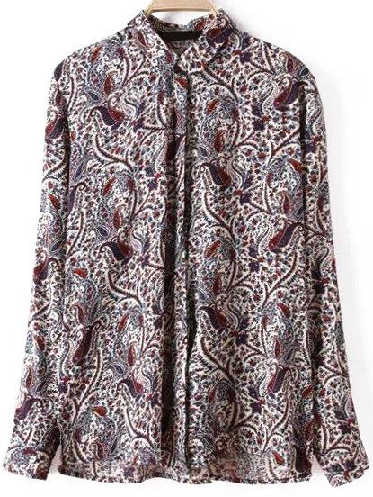 Romwe Lapel Paisley Print Blouse
