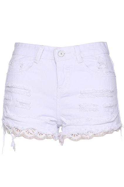 Romwe Distressed Lace Hem White Denim Shorts