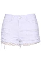 Romwe Distressed Lace Hem White Denim Shorts