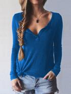 Romwe Deep Plunge Neck Casual Blue Knitwear