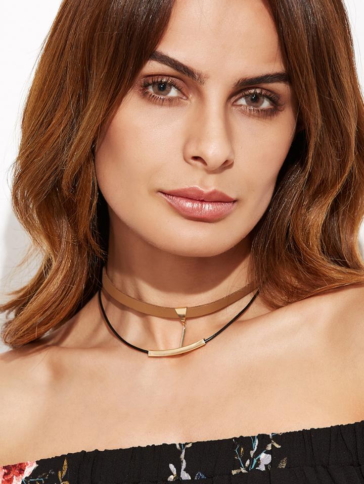 Romwe Brown Double Layer Metal Trim Choker Necklace