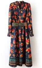 Romwe Navy Long Sleeve Floral Buttons Full-length Dress